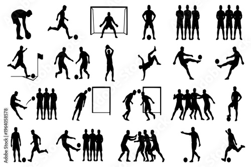 Soccer Game and Teamwork Silhouettes – Vector Set of Corner Kicks, Free Kicks, and Group Actions for Football and Sports Design
