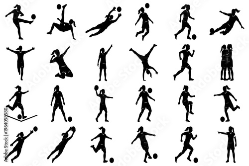 Female Soccer Player Silhouettes Set – Vector Collection of Women’s Football Actions, Celebrations, and Teamwork for Sports Design