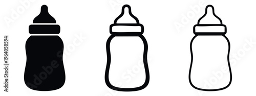 Baby Feeding Bottle Icon Set: Infant Milk Container Silhouette and Outline Variations