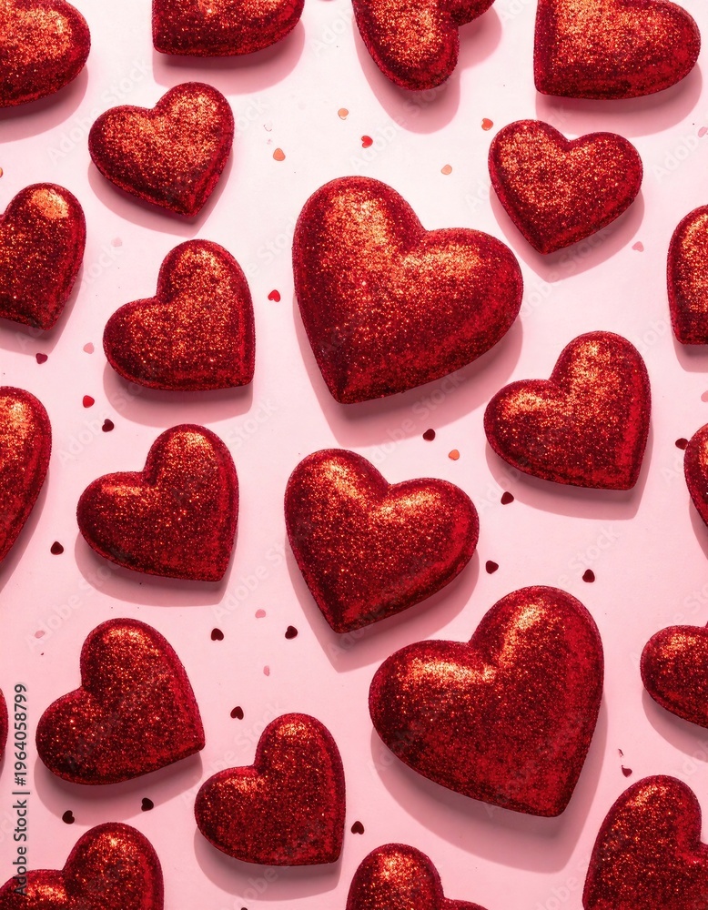 Fototapeta premium A festive pattern of sparkling red heart shapes is scattered across a soft pink background, accented with small confetti pieces.