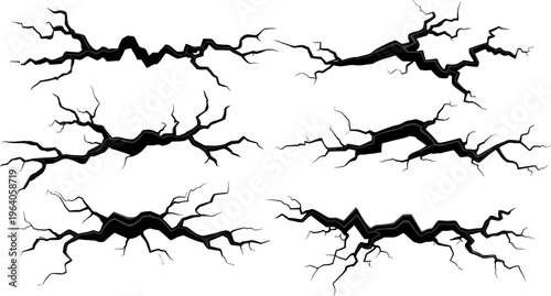 Cracked ground lines collection with detailed fracture fissure patterns broken surface texture vector illustration set isolated