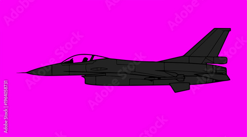 Silhouette of a fighter jet against a vibrant pink background.