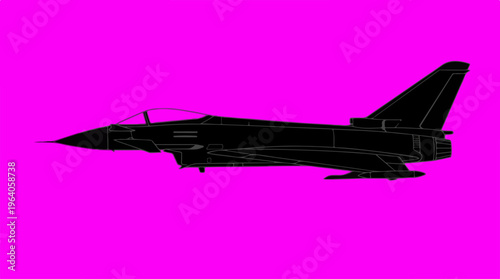 Silhouette of a fighter jet against a vibrant pink background.