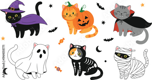 Cute Halloween cat costume set featuring black cat witch orange pumpkin cat vampire ghost skeleton and mummy kittens for seasonal party decor