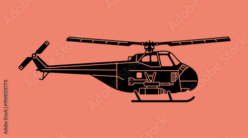 Silhouette of a helicopter against a solid orange background, ready for action.