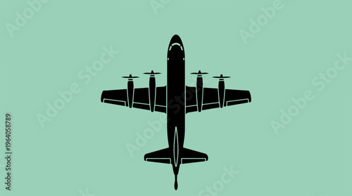 Silhouette of a four-engine turboprop aircraft, top view, on a green background.