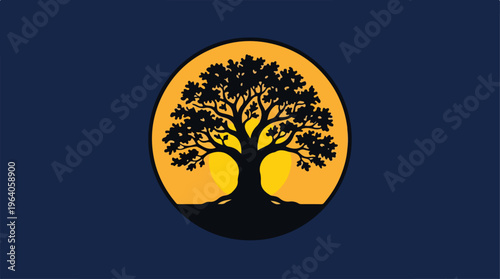 Silhouette of a majestic tree against a vibrant sunset backdrop.