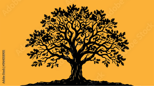 Silhouette of a majestic tree against a vibrant orange background.