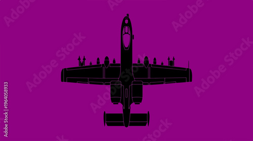 Silhouette of a military aircraft against a vibrant purple background.