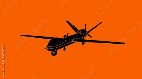Silhouette of a military drone against an orange background.