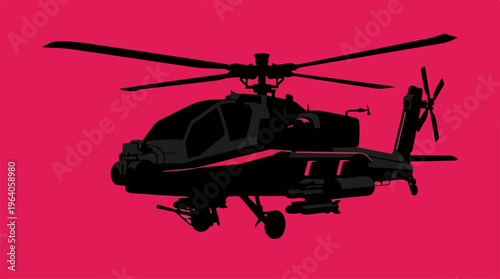Silhouette of a Military Helicopter Against a Pink Background.