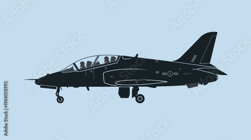 Silhouette of a military jet aircraft against a light blue background.