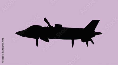 Silhouette of a modern jet aircraft against a light purple background.
