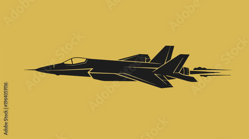 Silhouette of a modern jet fighter aircraft against a yellow background.
