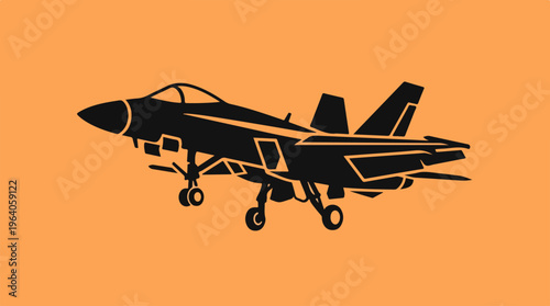 Silhouette of a modern jet fighter aircraft against an orange background.