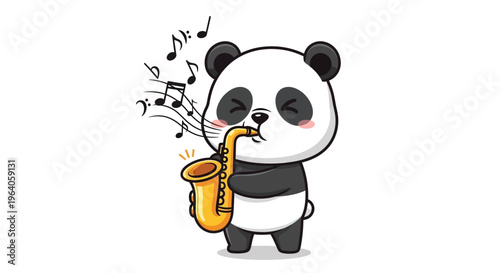 Cute Cartoon Panda Musician Standing and Playing Golden Saxophone with Flowing Black Music Notes
