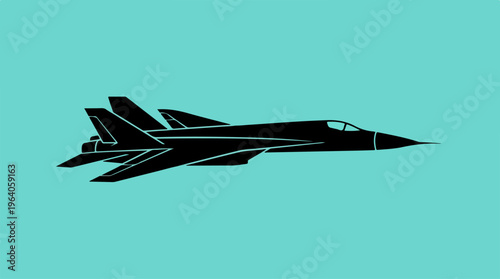Silhouette of a sleek jet fighter against a vibrant turquoise backdrop.
