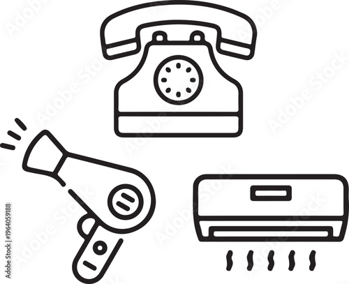 Set of household appliances icons including telephone, hair dryer and air conditioner