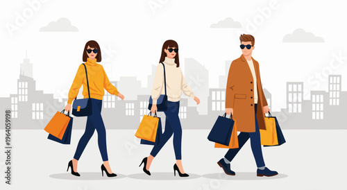 Vector illustration of three people enjoying a shopping spree in the city, carrying shopping bags