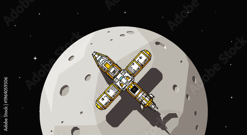 a stylized x-shaped space station orbits a cratered moon in dark outer space depicting space exploration and future technology.