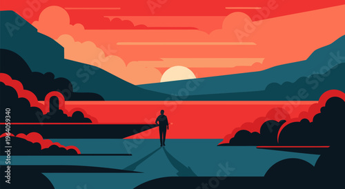 Minimalist vector illustration of a person walking towards a serene sunset over a calm lake, evoking tranquility and adventure in nature