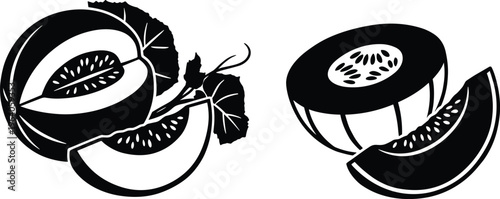 Cantaloupe melon slice fruit vector illustration in black silhouette