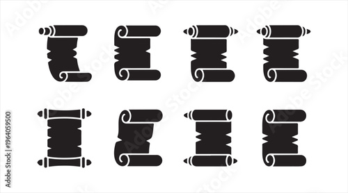 Black scroll banner icon set isolated on white, vintage ribbon and parchment symbols, decorative label and announcement illustration collection