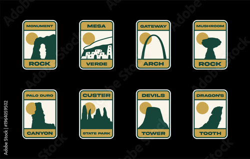 American Peaks National Parks Bundle. Vintage Mountain Stickers, Logos and Icons. Vector Outdoor Adventure Set. Palo Duro, Custer, Devils Tower, Dragons Tooth, Mushroom Rock, Gateway Arch, Mesa Verde.