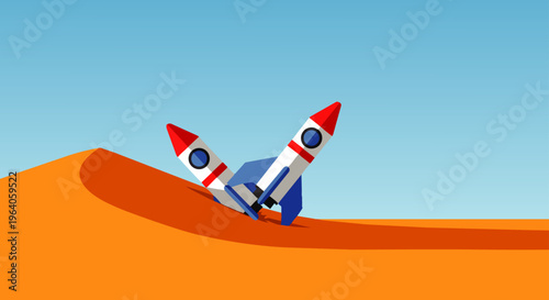 rocket crash on a sand dune depicts business failure startup setback and technical problem under a blue sky.