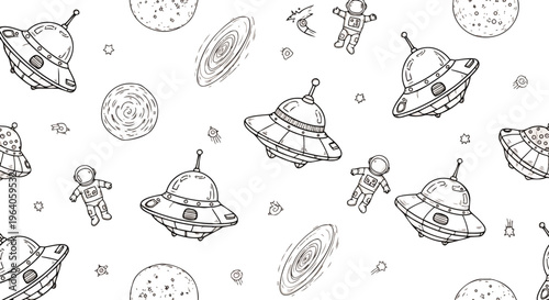 space pattern with flying saucers astronauts and planets a hand drawn cosmic adventure seamless background for imagination.