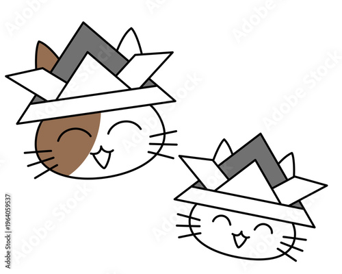 こどもの日 兜をかぶった2匹の猫 かわいい顔のシンプルなイラスト