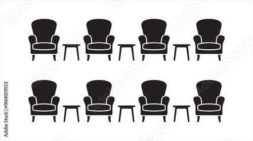 Black armchair icon set isolated on white, living room seating furniture symbols, cozy home interior and lounge illustration collection