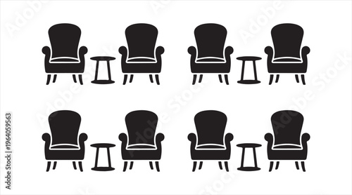 Set of armchair icons in black silhouette, lounge seating furniture and side tables, home interior design and comfort concept illustration