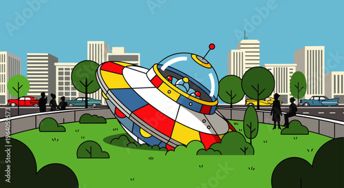 a vibrant ufo crash landing a colorful cartoon spaceship lies askew in a city park drawing curious onlookers to the unexpected scene.