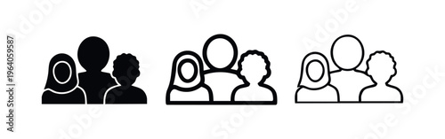 Diverse group of men and women icon set. Multi-ethnic community and gender symbol in various styles.