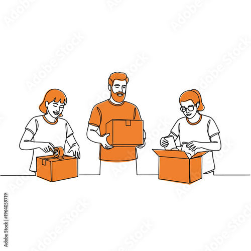 diverse team of people packing cardboard boxes with tape illustrating moving shipping and logistics teamwork.