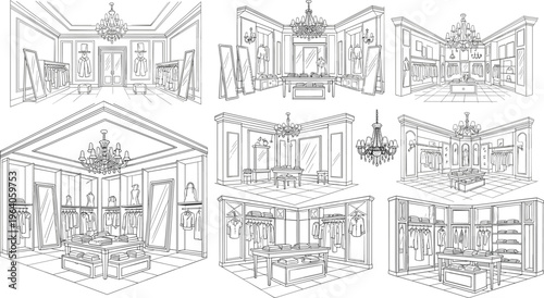 Luxury fashion boutique and walk-in closet interior line art scenes featuring clothing racks chandeliers mirrors and organized retail displays for design