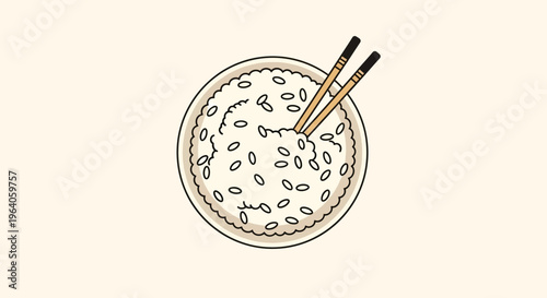 Bowl Of Rice With Chopsticks Overhead View