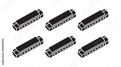 Black harmonica icon set isolated on white, mouth organ musical symbols, portable instrument and music performance illustration