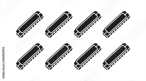 Set of harmonica icons in black silhouette, portable wind instruments for blues and folk music, classic musical illustration collection