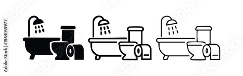 Bathroom Fixtures Icon Set - Toilet, Bathtub, and Toilet Paper Symbols for Restrooms