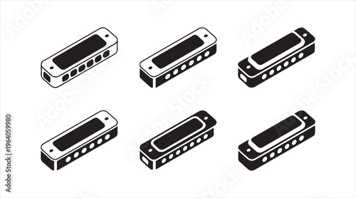 Harmonica silhouette icon collection, mouth organ musical instruments isolated on white background, blues and folk music illustration set