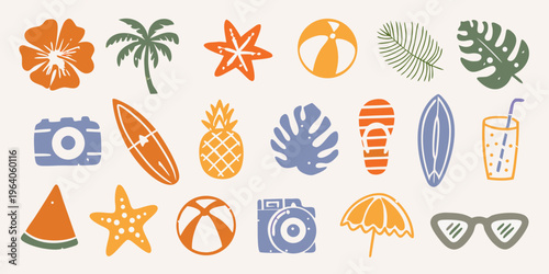 Colorful summer themed illustrations featuring tropical plants and beach items
