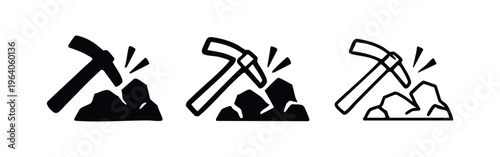 Mining pickaxe striking rocks icon set, representing excavation, labor, and geology