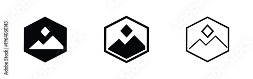 Hexagonal mountain landscape image icons set, depicting nature, photography, and scenery