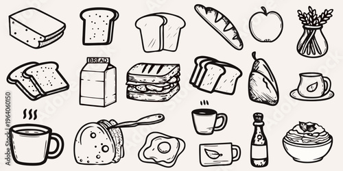 Sketch of breakfast items including bread milk coffee and fruit