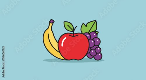 Flat Design Fruits Banana Apple and Grapes