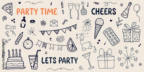 A playful doodle illustration featuring party elements and celebratory phrases