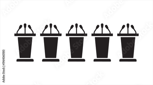 Set of popcorn bucket icons in black silhouette, snack containers for cinema and movie theater, fast food and leisure concept illustration