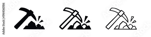 Pickaxe and rocks icon set in solid and outline forms, for mining, quarry, and resource themes